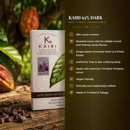 Kairi 65% Dark Chocolate with Roasted Cocoa Nibs | Tree to Bar Single Estate Vegan Chocolate