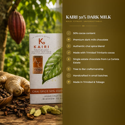 Kairi 50% Dark Milk Chocolate with Chai Spices | Tree to Bar Trinidad Chocolate