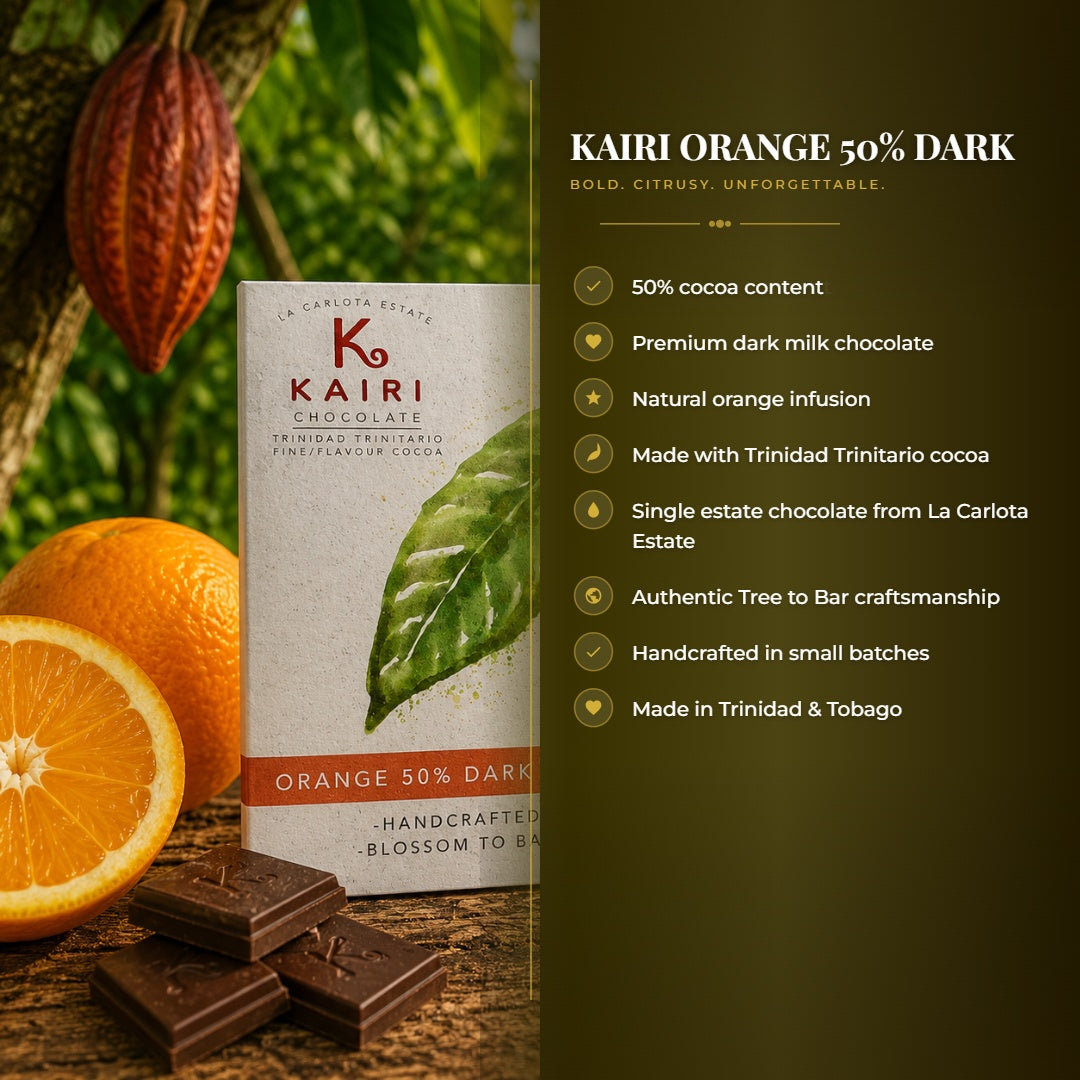 Kairi Orange 50% Dark Milk Chocolate | Tree to Bar Trinidad Chocolate with Natural Orange